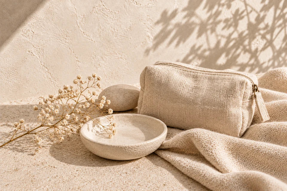 A linen travel pouch, ceramic dish and botanicals in a warm ritual setting